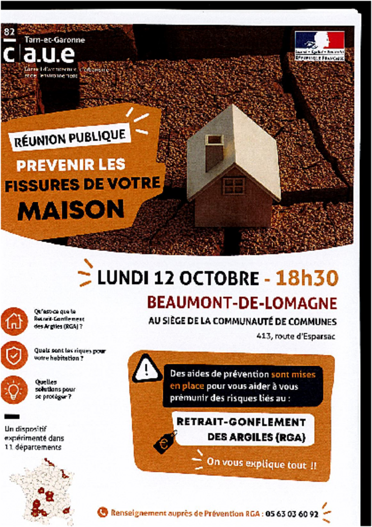 réunion le lundi 12 octobre 2026 à 18h30 à Beaumont de Lomagne : prévenir les fissures de votre maison. 